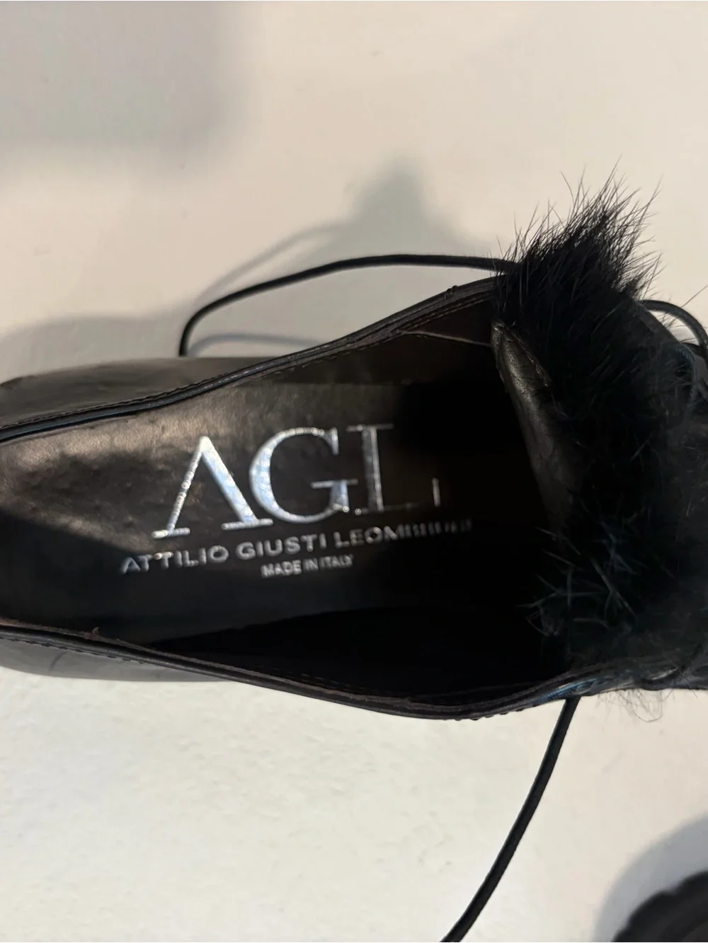 AGL Attilio Giusti Leombruni W 5.5 Black Leather Rabbit Fur Lugged Sole Derby